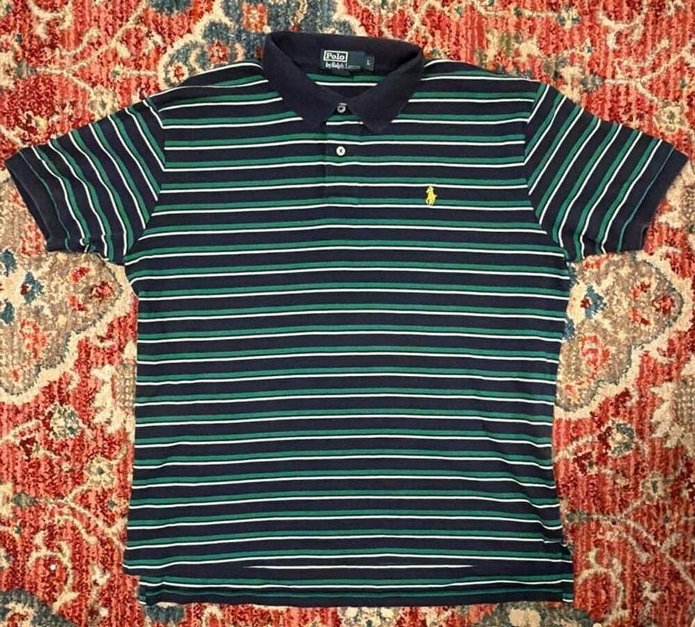 Polo Ralph Lauren Men's Blue and Green Striped 100% Cotton Polo Shirt Large